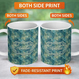 Personalized Custom Name Teal Watercolor Spider Web Pattern with Abstract Texture Seamless 11oz Ceramic Coffee Tea Mug White Large Handle