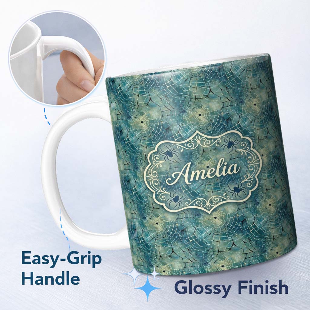 Personalized Custom Name Teal Watercolor Spider Web Pattern with Abstract Texture Seamless 11oz Ceramic Coffee Tea Mug White Large Handle