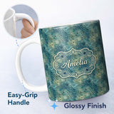 Personalized Custom Name Teal Watercolor Spider Web Pattern with Abstract Texture Seamless 11oz Ceramic Coffee Tea Mug White Large Handle