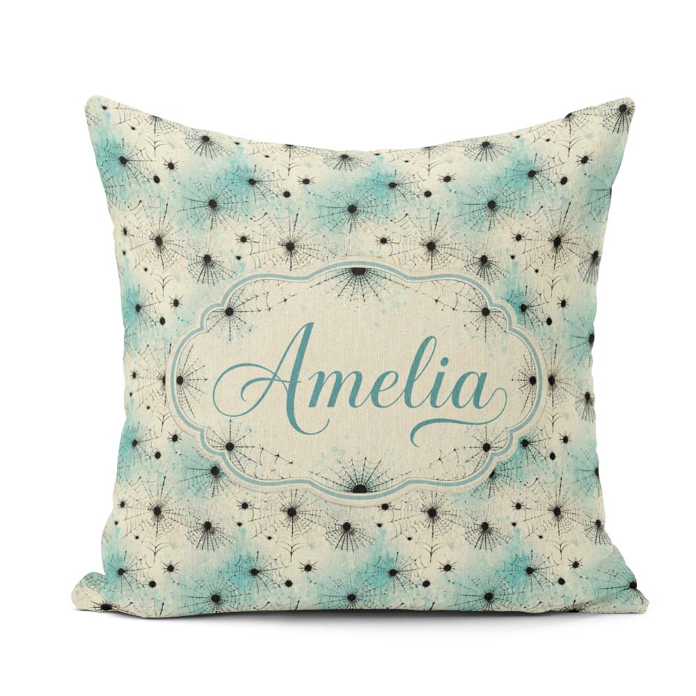 Custom Name Spider Web Pattern with Splatter on Light Background Square Filled Cushion Throw Pillow Sofa Bed Home Decor Zip Washable UK Made