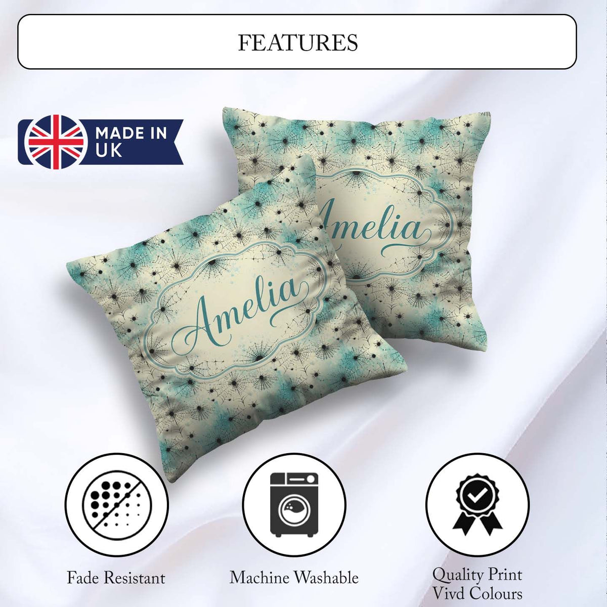 Custom Name Spider Web Pattern with Splatter on Light Background Square Filled Cushion Throw Pillow Sofa Bed Home Decor Zip Washable UK Made