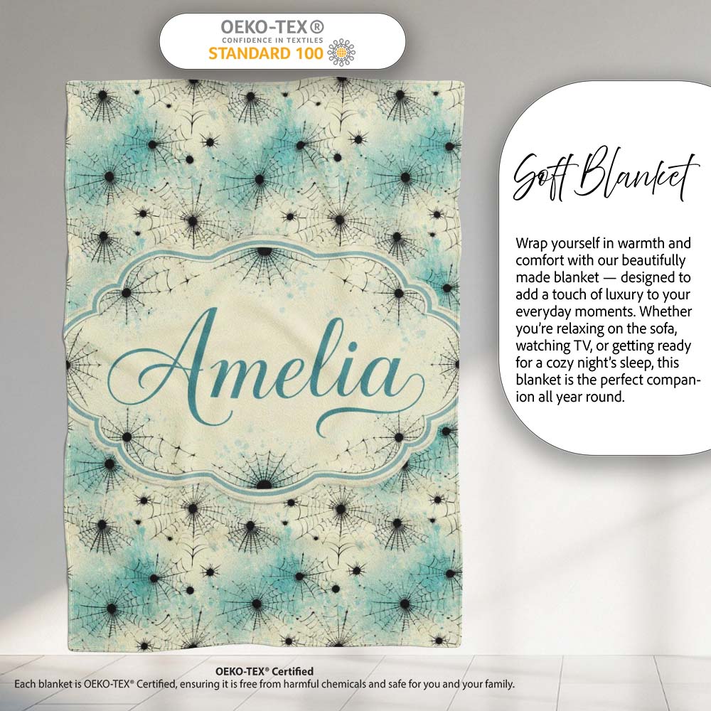 Spider Web Pattern with Splatter Effect on Light Background  Personalised Custom Name Super Soft Fleece Blanket Bed Sofa Throw