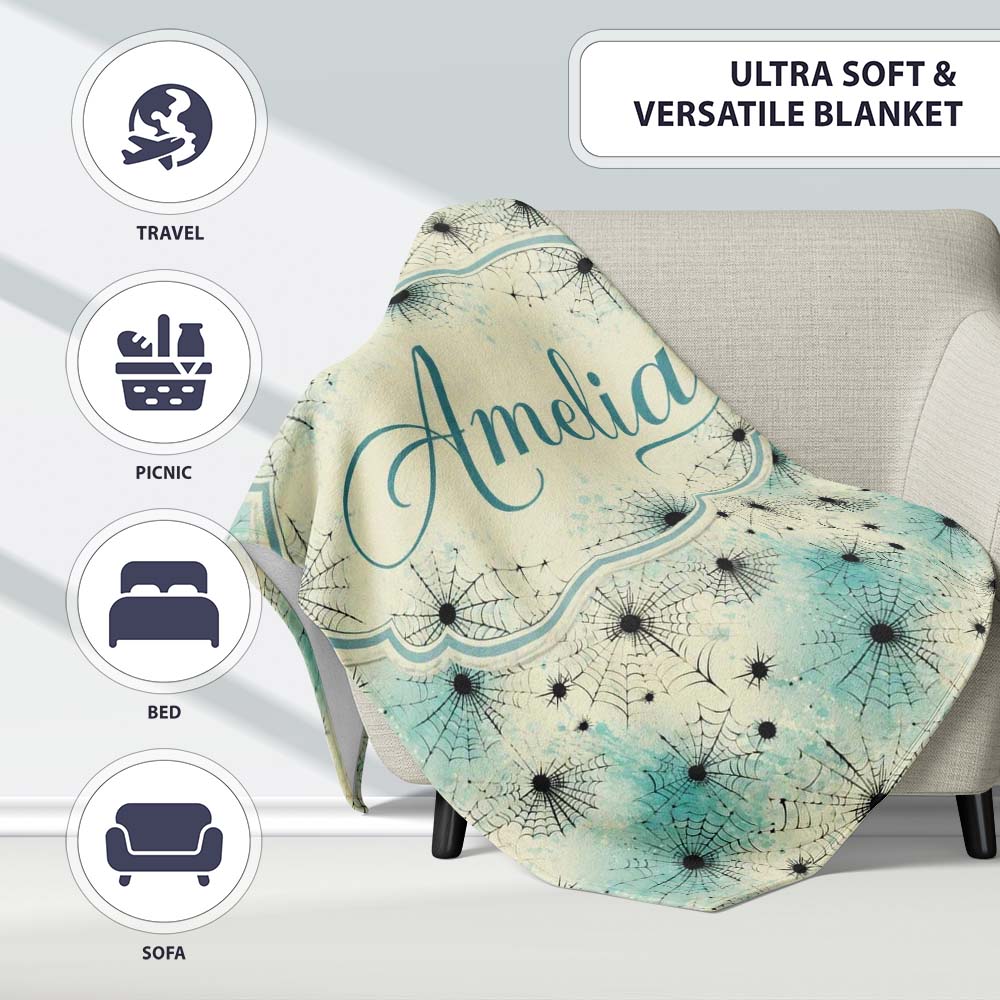Spider Web Pattern with Splatter Effect on Light Background  Personalised Custom Name Super Soft Fleece Blanket Bed Sofa Throw