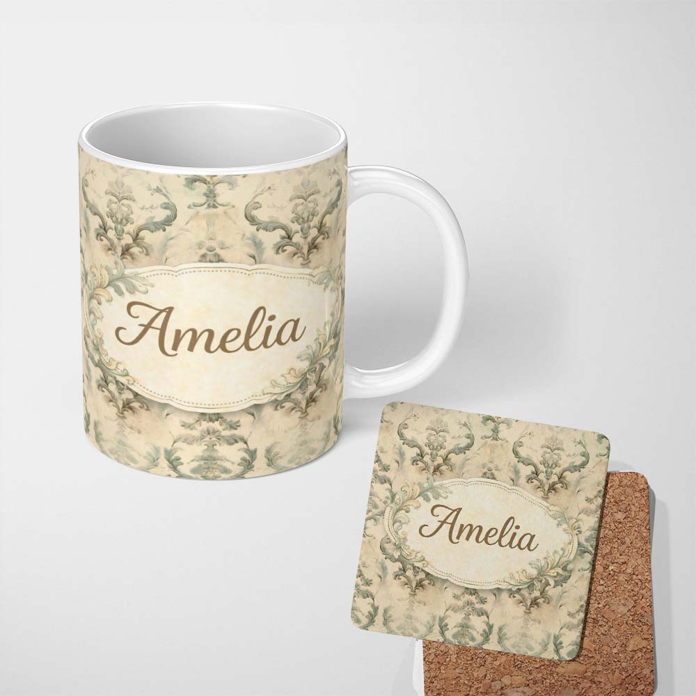 Personalized Custom Name Antique Beige Floral Damask Seamless Pattern Vintage Classic Lovely 11oz Ceramic Coffee Tea Mug White Large Handle