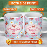 Personalized Custom Name Cute Cherry Bow Daisy Heart Seamless Pattern on Blue Gingham Lovely 11oz Ceramic Coffee Tea Mug White Large Handle