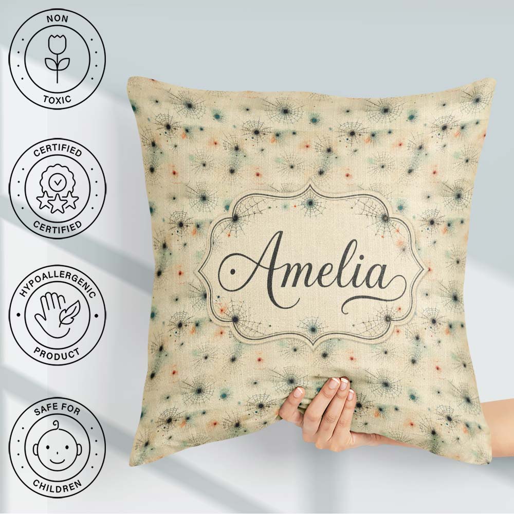 Custom Name Minimal Spider Web Pattern with Subtle Color Accents Square Filled Cushion Throw Pillow Sofa Bed Home Decor Zip Washable UK Made