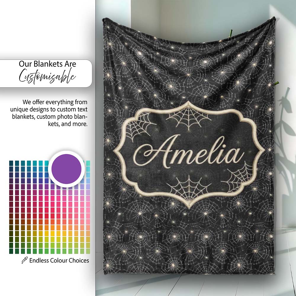 Elegant Gold Spider Web Pattern on Black Background Seamless Night  Personalised Custom Name Super Soft Fleece Blanket Bed Sofa Throw