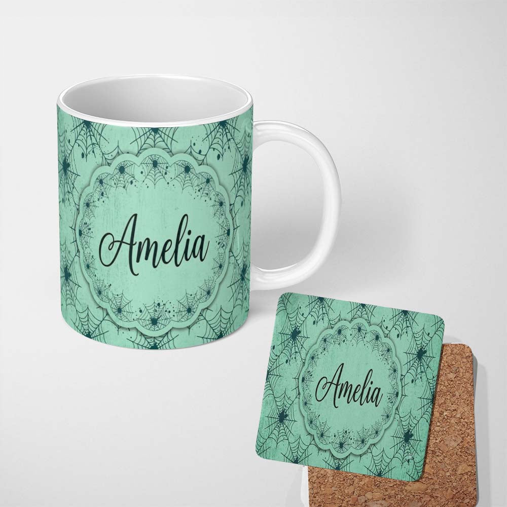 Personalized Custom Name Soft Green Watercolor Spider Web Pattern Seamless Artistic Texture 11oz Ceramic Coffee Tea Mug White Large Handle
