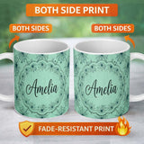 Personalized Custom Name Soft Green Watercolor Spider Web Pattern Seamless Artistic Texture 11oz Ceramic Coffee Tea Mug White Large Handle