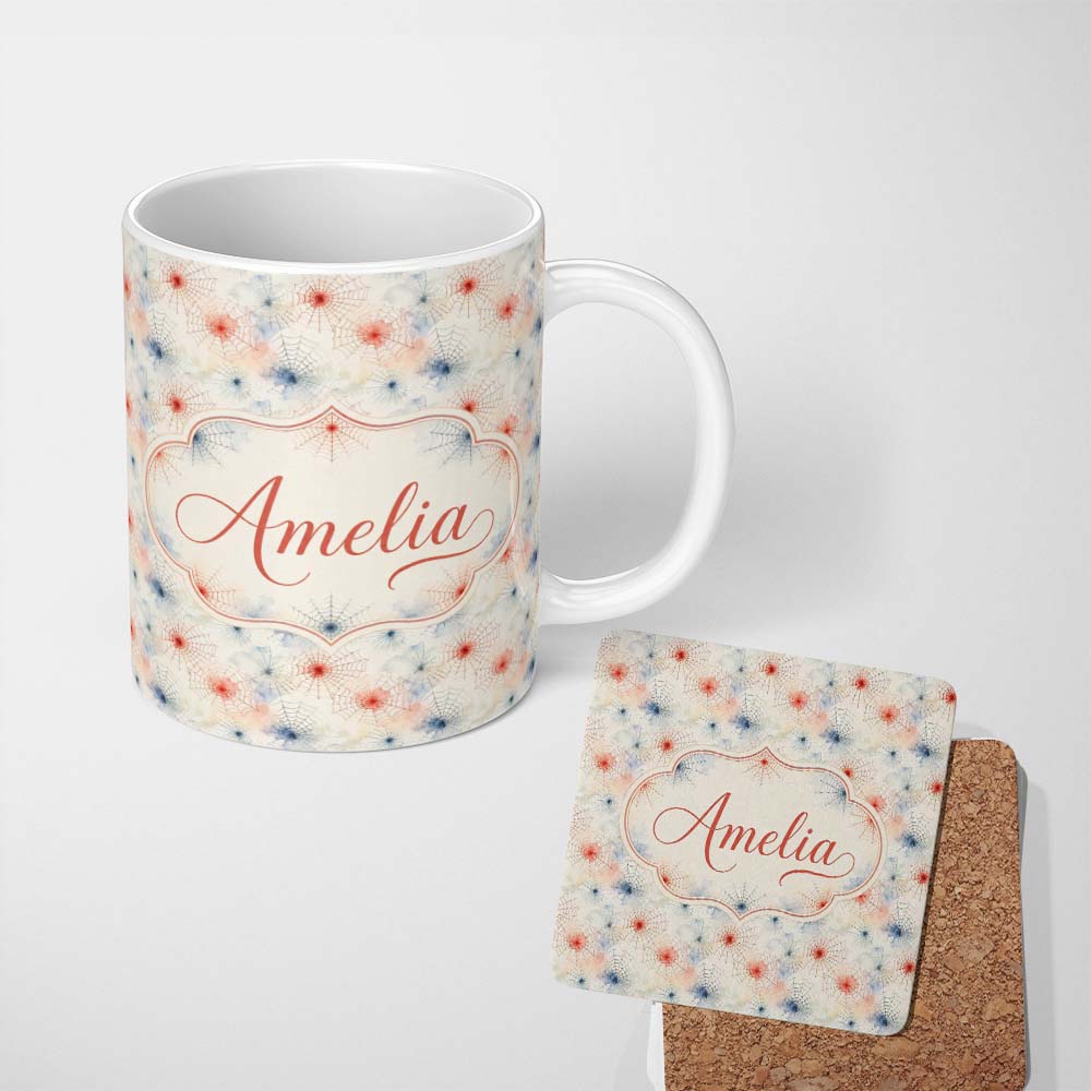 Personalized Custom Name Colorful Spider Web Pattern with Red and Blue Accents Seamless 11oz Ceramic Coffee Tea Mug White Large Handle