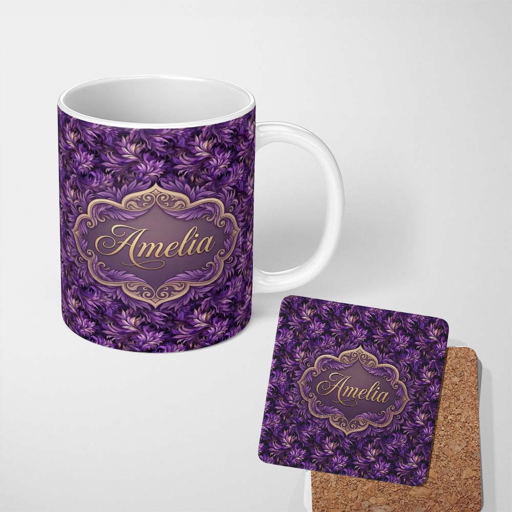 Personalized Custom Name Rich Purple Feather Swirl Abstract Floral Seamless Pattern Name Cute 11oz Ceramic Coffee Tea Mug White Large Handle
