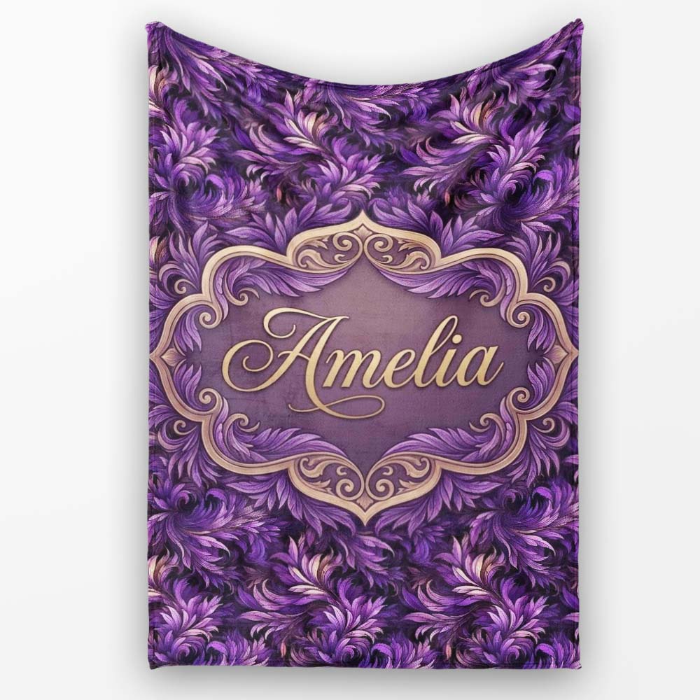 Rich Purple Feather Swirl Abstract Floral Seamless Pattern Name Cute  Personalised Custom Name Super Soft Fleece Blanket Bed Sofa Throw