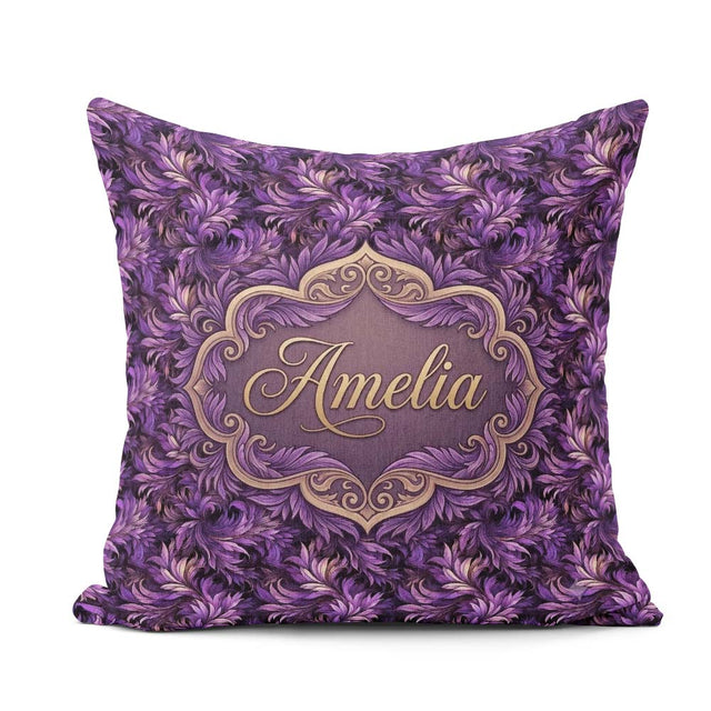 Custom Name Rich Purple Swirl Abstract Floral Seamless Name Cute Square Filled Cushion Throw Pillow Sofa Bed Home Decor Zip Washable UK Made