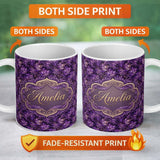 Personalized Custom Name Rich Purple Feather Swirl Abstract Floral Seamless Pattern Name Cute 11oz Ceramic Coffee Tea Mug White Large Handle