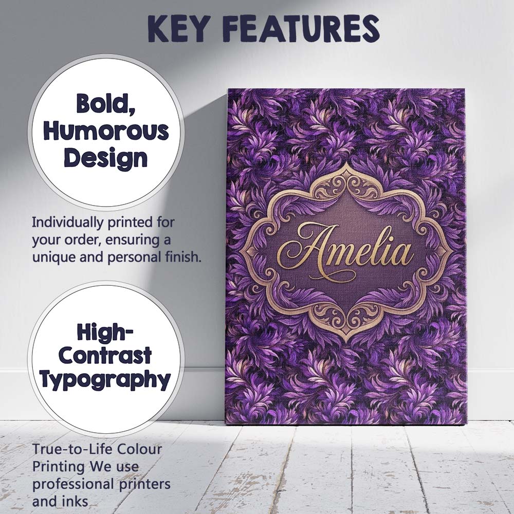 Personalised Name Rich Purple Feather Swirl Custom  Bespoke Interior Contemporary Canvas Wall Art Print Decor Picture Ready to Hang