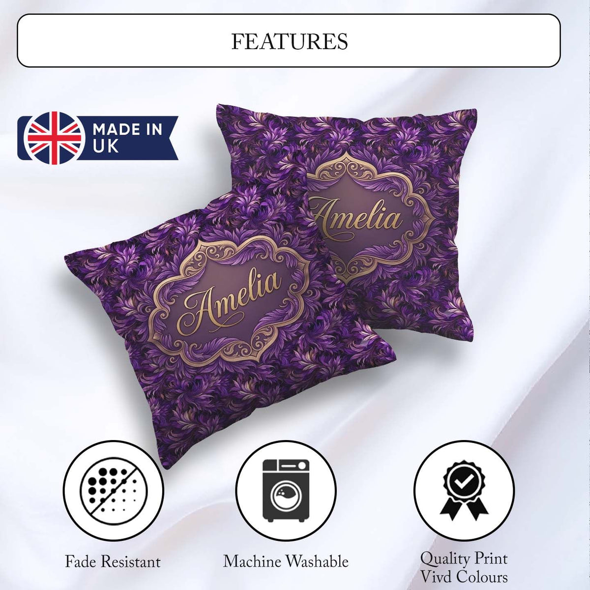 Custom Name Rich Purple Swirl Abstract Floral Seamless Name Cute Square Filled Cushion Throw Pillow Sofa Bed Home Decor Zip Washable UK Made