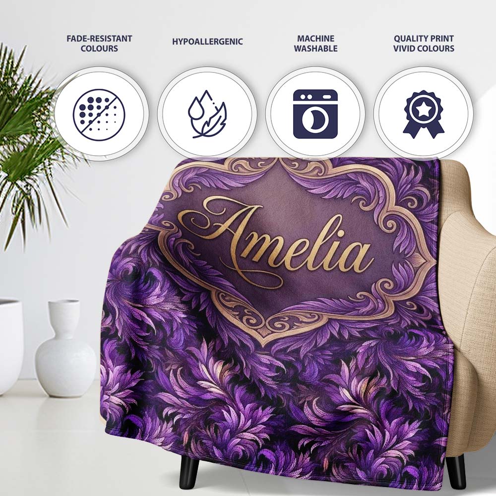 Rich Purple Feather Swirl Abstract Floral Seamless Pattern Name Cute  Personalised Custom Name Super Soft Fleece Blanket Bed Sofa Throw