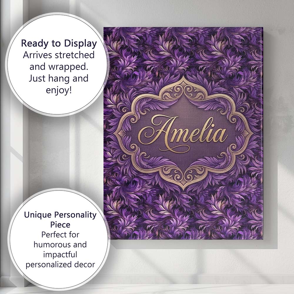 Personalised Name Rich Purple Feather Swirl Custom  Bespoke Interior Contemporary Canvas Wall Art Print Decor Picture Ready to Hang