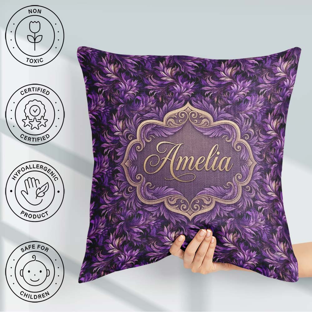 Custom Name Rich Purple Swirl Abstract Floral Seamless Name Cute Square Filled Cushion Throw Pillow Sofa Bed Home Decor Zip Washable UK Made