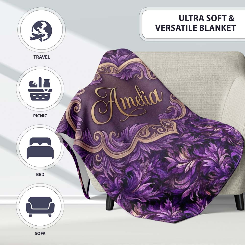 Rich Purple Feather Swirl Abstract Floral Seamless Pattern Name Cute  Personalised Custom Name Super Soft Fleece Blanket Bed Sofa Throw