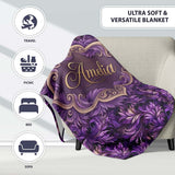 Rich Purple Feather Swirl Abstract Floral Seamless Pattern Name Cute  Personalised Custom Name Super Soft Fleece Blanket Bed Sofa Throw