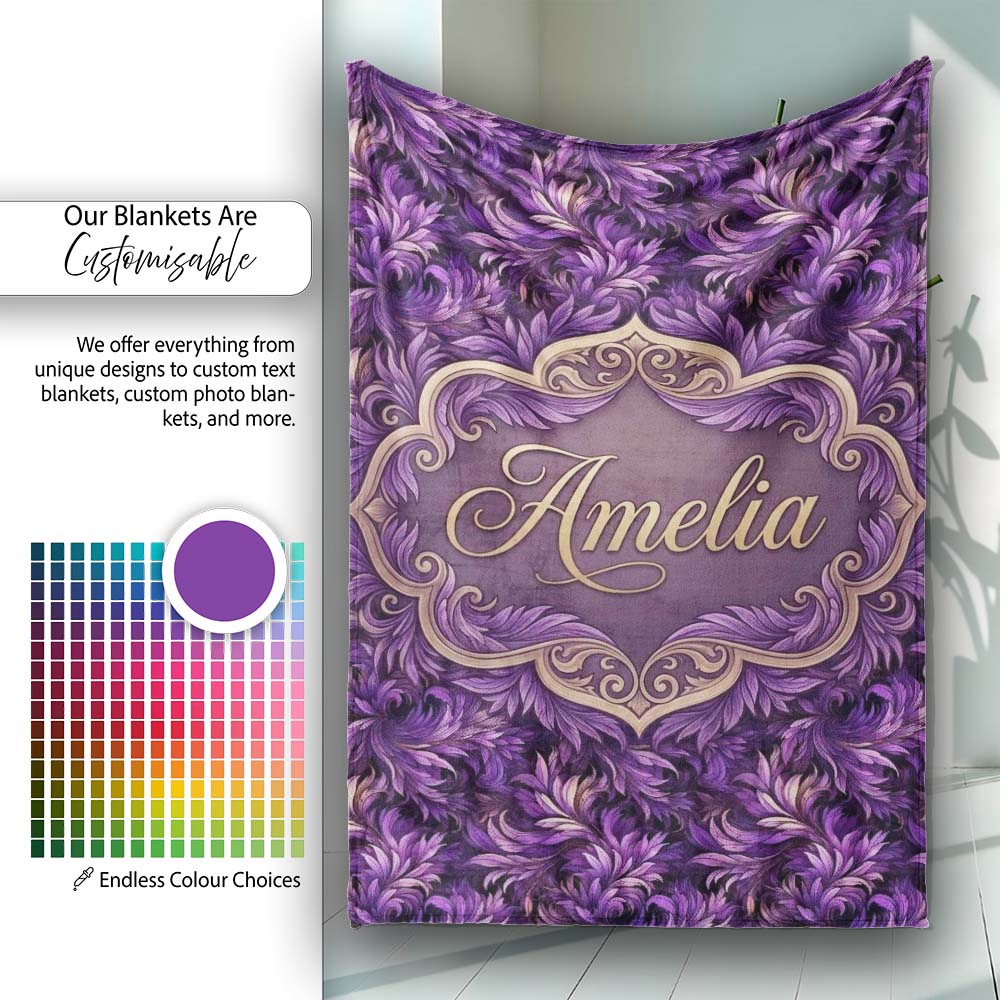 Rich Purple Feather Swirl Abstract Floral Seamless Pattern Name Cute  Personalised Custom Name Super Soft Fleece Blanket Bed Sofa Throw