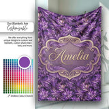 Rich Purple Feather Swirl Abstract Floral Seamless Pattern Name Cute  Personalised Custom Name Super Soft Fleece Blanket Bed Sofa Throw