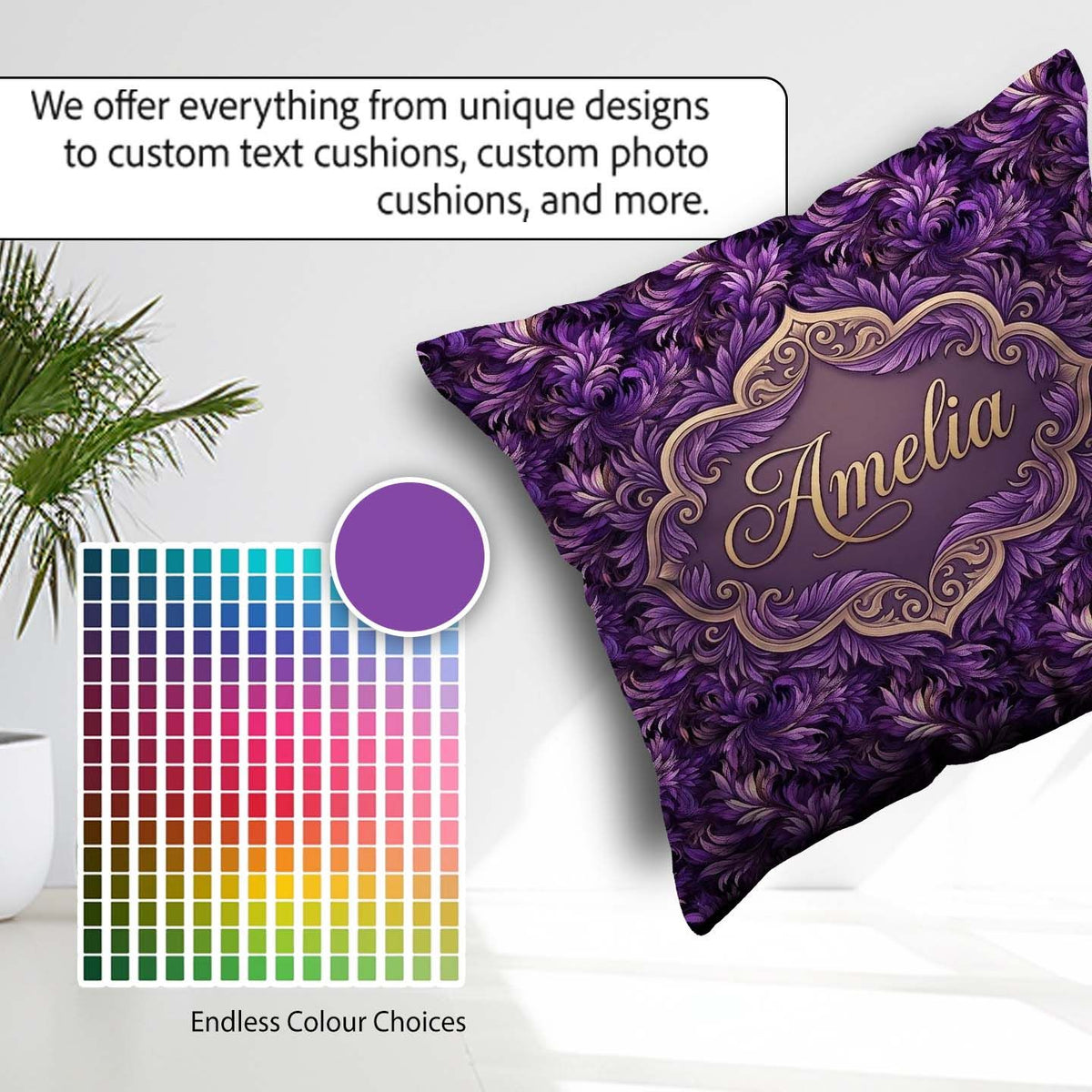 Custom Name Rich Purple Swirl Abstract Floral Seamless Name Cute Square Filled Cushion Throw Pillow Sofa Bed Home Decor Zip Washable UK Made
