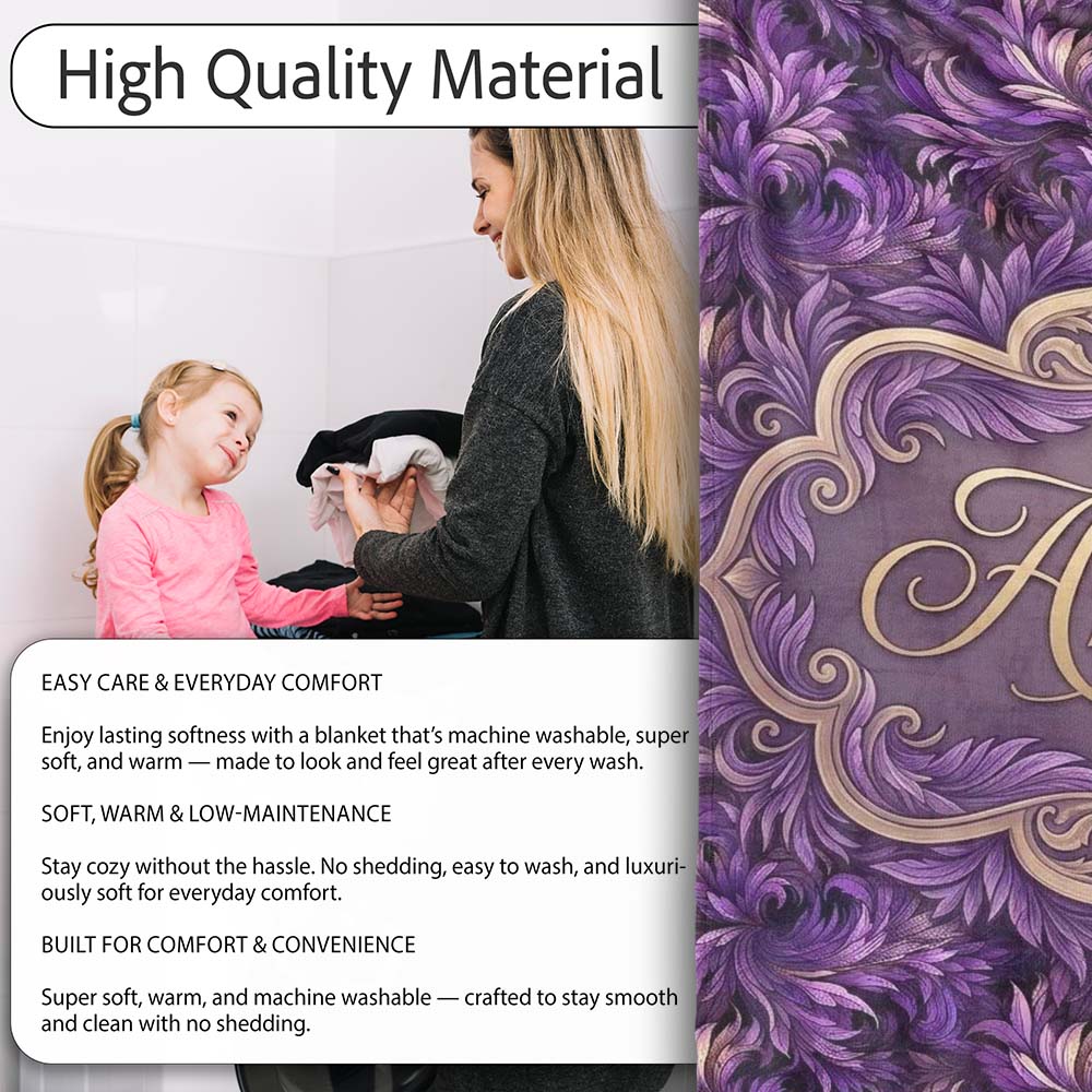 Rich Purple Feather Swirl Abstract Floral Seamless Pattern Name Cute  Personalised Custom Name Super Soft Fleece Blanket Bed Sofa Throw
