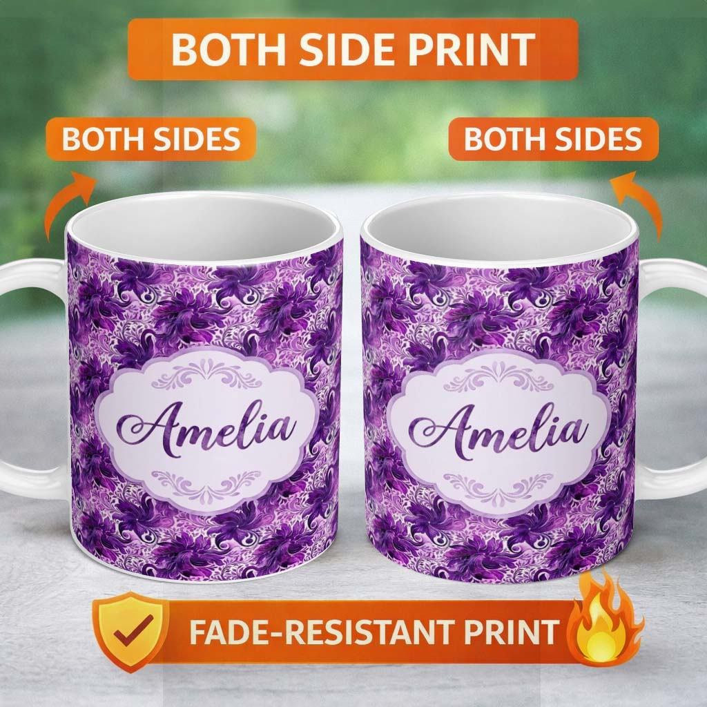 Personalized Custom Name Elegant Purple Floral Vine Pattern on Light Background Seamless 11oz Ceramic Coffee Tea Mug White Large Handle