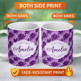 Personalized Custom Name Elegant Purple Floral Vine Pattern on Light Background Seamless 11oz Ceramic Coffee Tea Mug White Large Handle