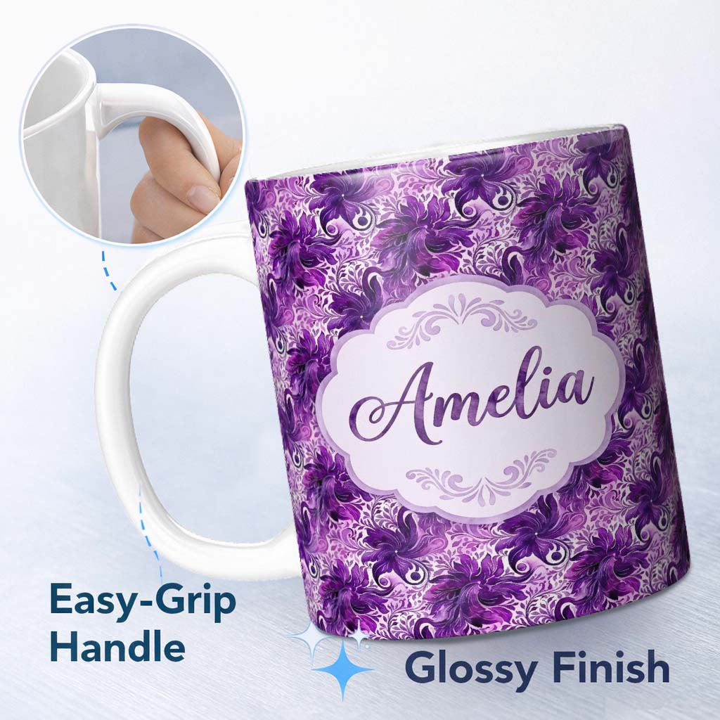 Personalized Custom Name Elegant Purple Floral Vine Pattern on Light Background Seamless 11oz Ceramic Coffee Tea Mug White Large Handle