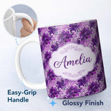 Personalized Custom Name Elegant Purple Floral Vine Pattern on Light Background Seamless 11oz Ceramic Coffee Tea Mug White Large Handle
