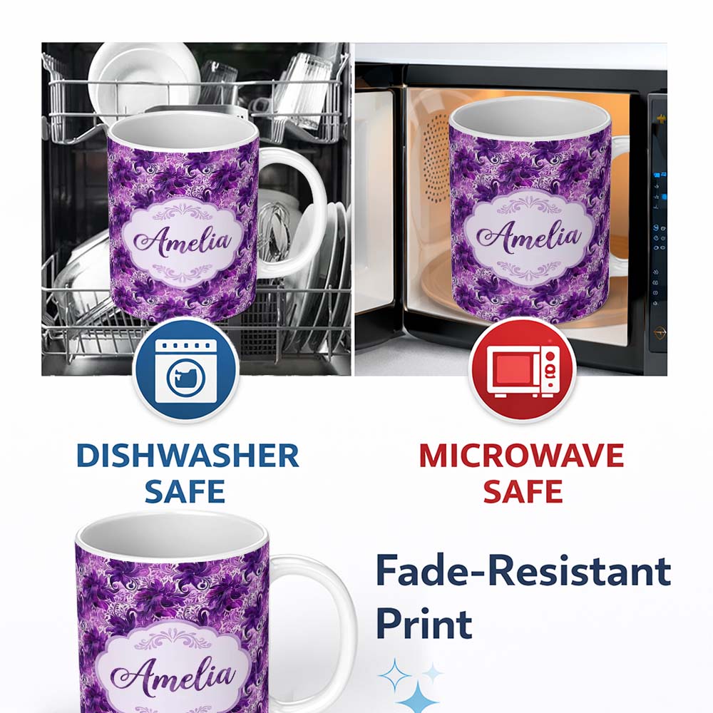 Personalized Custom Name Elegant Purple Floral Vine Pattern on Light Background Seamless 11oz Ceramic Coffee Tea Mug White Large Handle