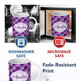 Personalized Custom Name Elegant Purple Floral Vine Pattern on Light Background Seamless 11oz Ceramic Coffee Tea Mug White Large Handle