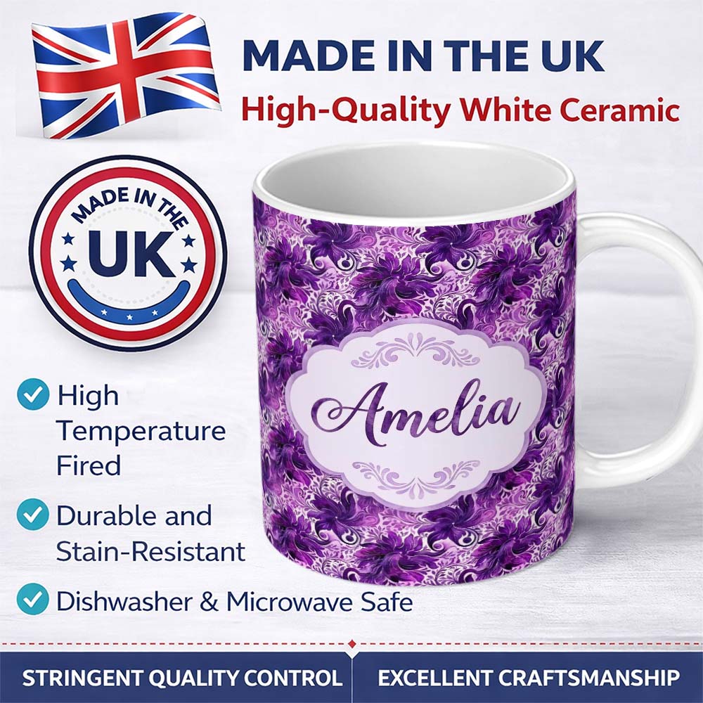 Personalized Custom Name Elegant Purple Floral Vine Pattern on Light Background Seamless 11oz Ceramic Coffee Tea Mug White Large Handle