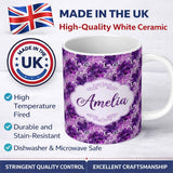 Personalized Custom Name Elegant Purple Floral Vine Pattern on Light Background Seamless 11oz Ceramic Coffee Tea Mug White Large Handle