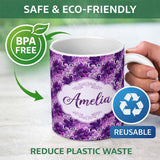 Personalized Custom Name Elegant Purple Floral Vine Pattern on Light Background Seamless 11oz Ceramic Coffee Tea Mug White Large Handle