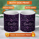 Personalized Custom Name Dark Purple Ornamental Swirl Pattern with Luxurious Texture 11oz Ceramic Coffee Tea Mug White Large Handle