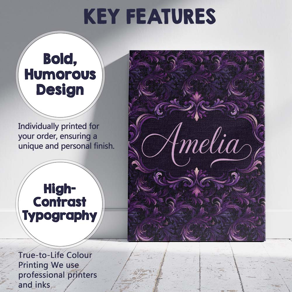 Personalised Name Dark Purple Ornamental Custom  Unique Gift Idea Elegant Feature Canvas Wall Art Print Decor Picture Ready to Hang
