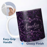 Personalized Custom Name Dark Purple Ornamental Swirl Pattern with Luxurious Texture 11oz Ceramic Coffee Tea Mug White Large Handle