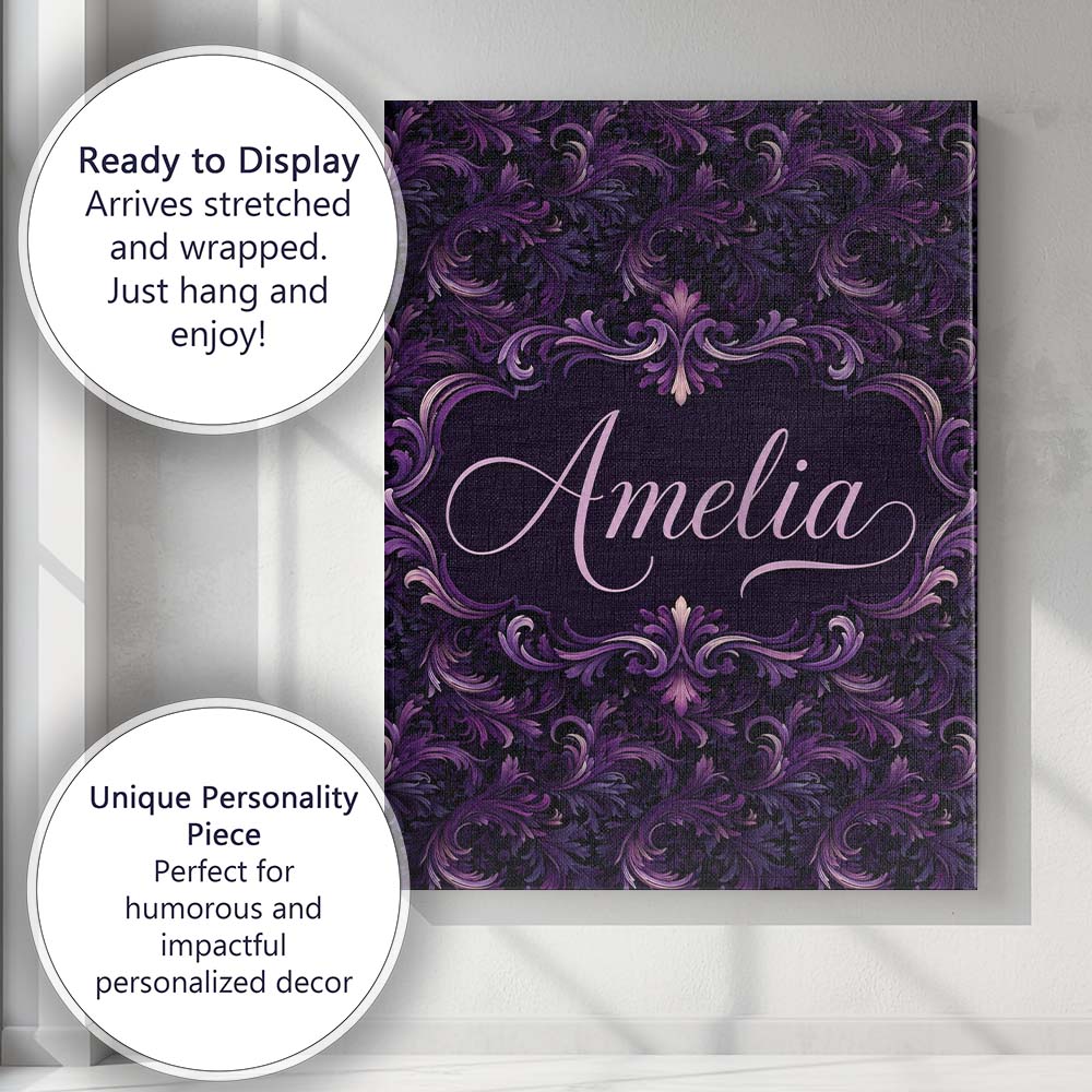 Personalised Name Dark Purple Ornamental Custom  Unique Gift Idea Elegant Feature Canvas Wall Art Print Decor Picture Ready to Hang