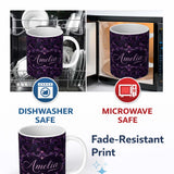 Personalized Custom Name Dark Purple Ornamental Swirl Pattern with Luxurious Texture 11oz Ceramic Coffee Tea Mug White Large Handle