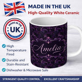 Personalized Custom Name Dark Purple Ornamental Swirl Pattern with Luxurious Texture 11oz Ceramic Coffee Tea Mug White Large Handle