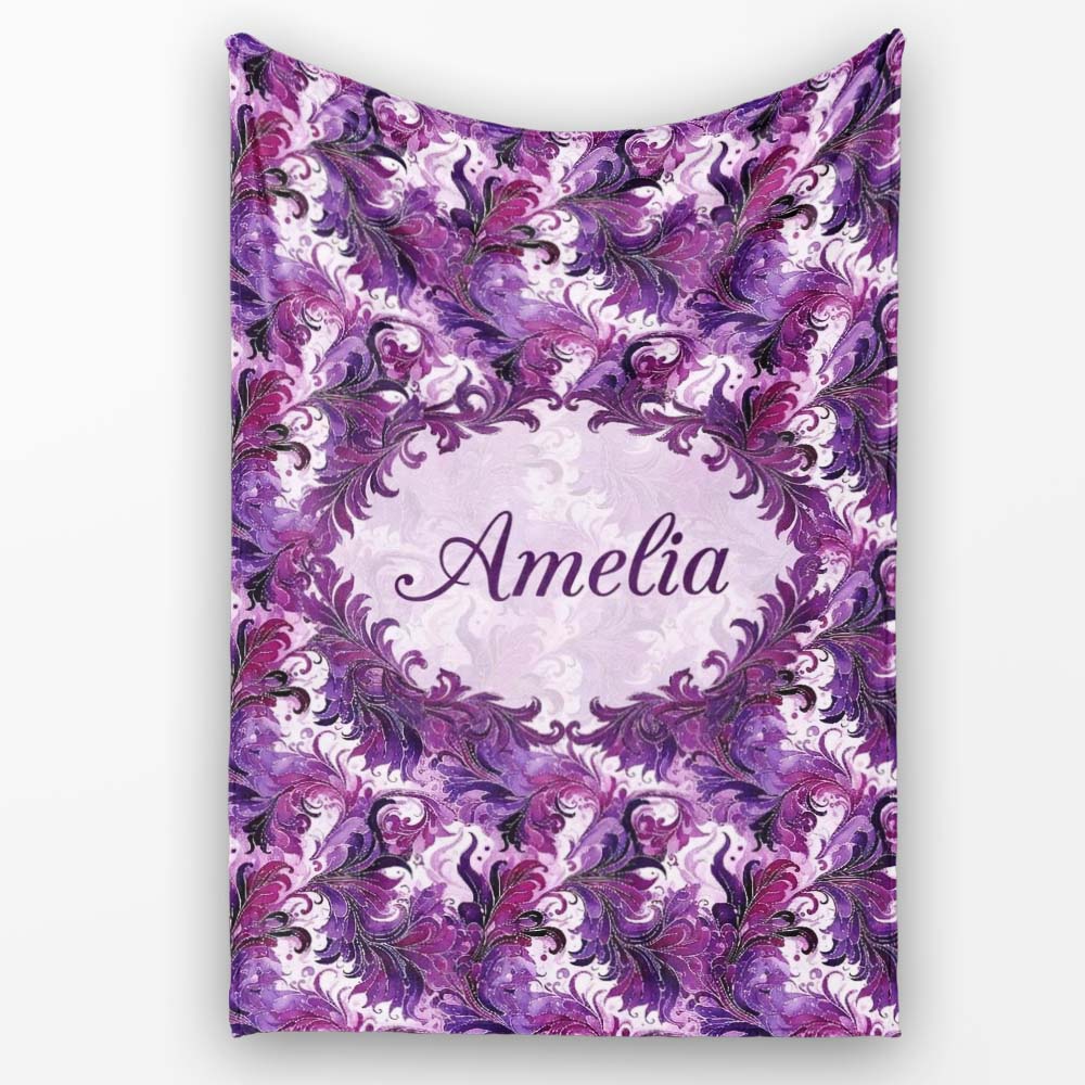 Purple and Magenta Artistic Floral Swirl Pattern Seamless  Personalised Custom Name Super Soft Fleece Blanket Bed Sofa Throw