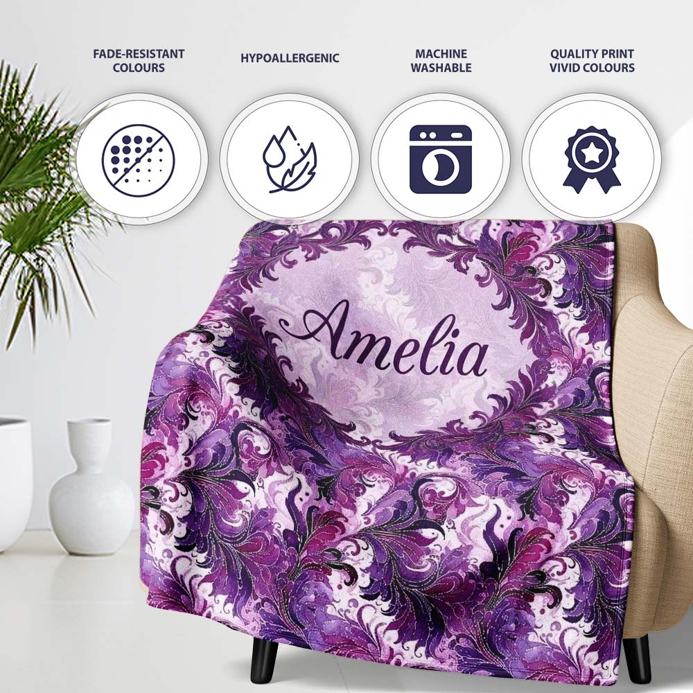 Purple and Magenta Artistic Floral Swirl Pattern Seamless  Personalised Custom Name Super Soft Fleece Blanket Bed Sofa Throw