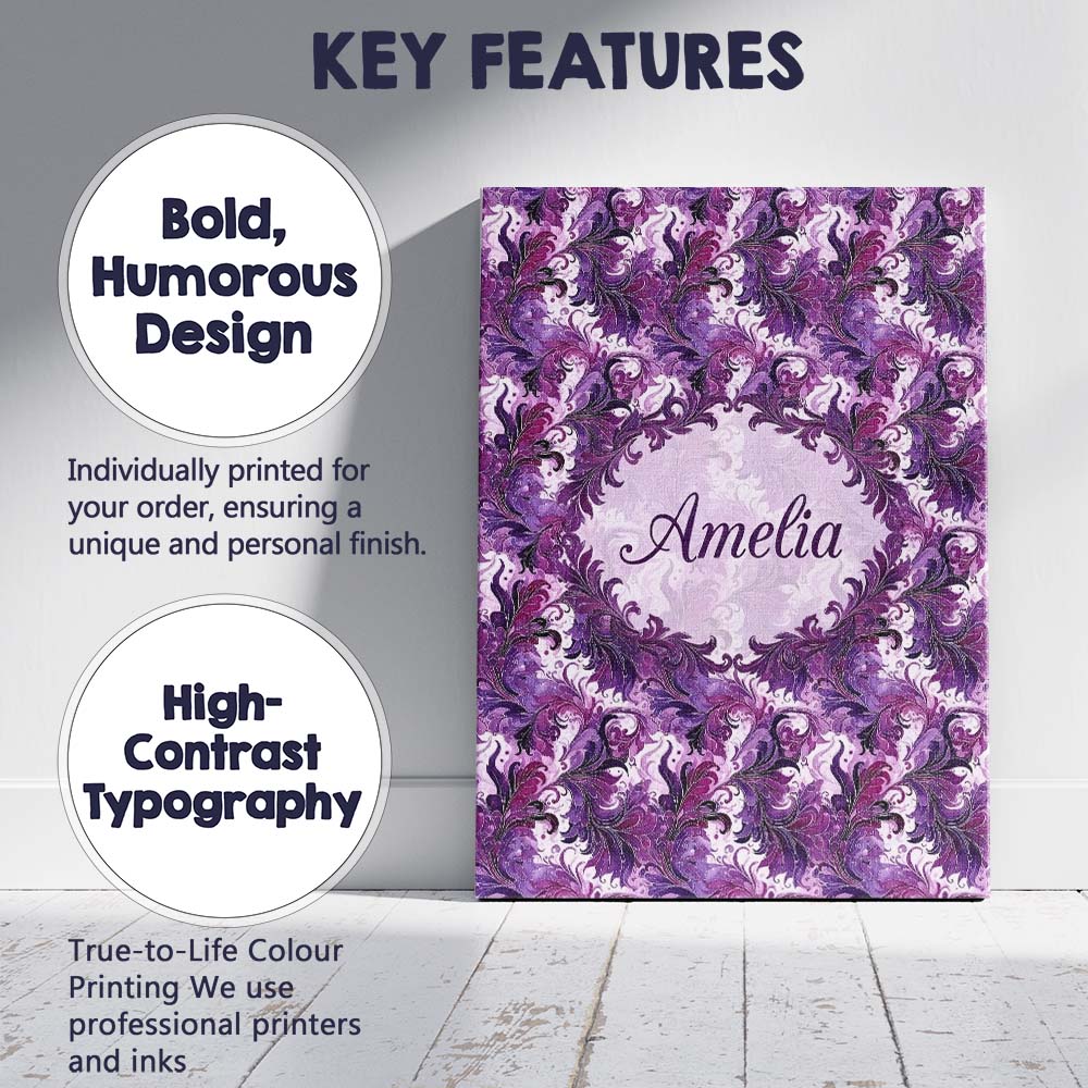 Personalised Name Purple and Magenta Custom Premium Decorative Design Modern Room Accent Canvas Wall Art Print Decor Picture Ready to Hang