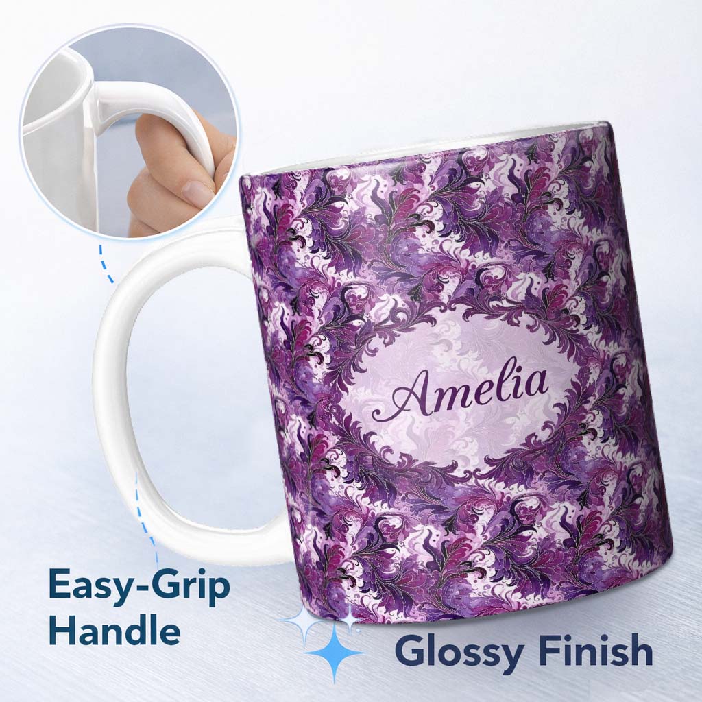 Personalized Custom Name Purple and Magenta Artistic Floral Swirl Pattern Seamless 11oz Ceramic Coffee Tea Mug White Large Handle