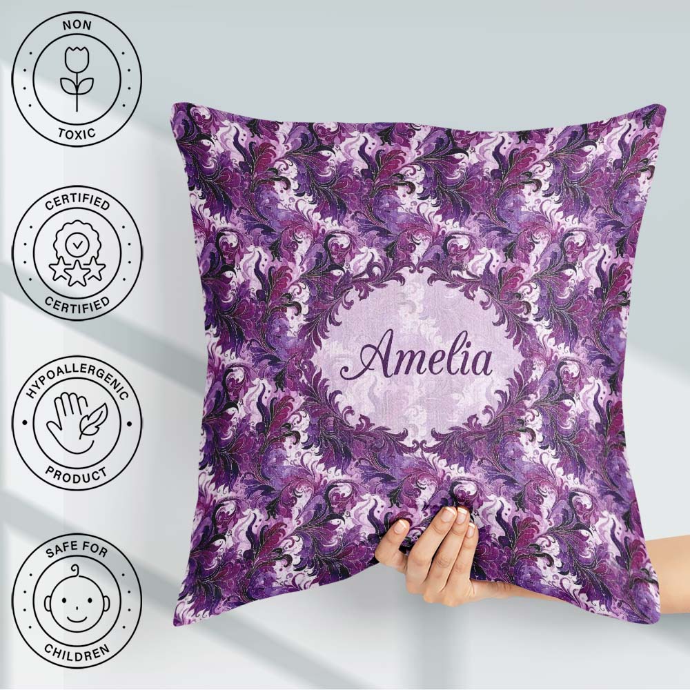 Custom Name Purple and Magenta Artistic Floral Pattern Seamless Square Filled Cushion Throw Pillow Sofa Bed Home Decor Zip Washable UK Made