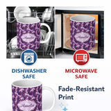 Personalized Custom Name Purple and Magenta Artistic Floral Swirl Pattern Seamless 11oz Ceramic Coffee Tea Mug White Large Handle